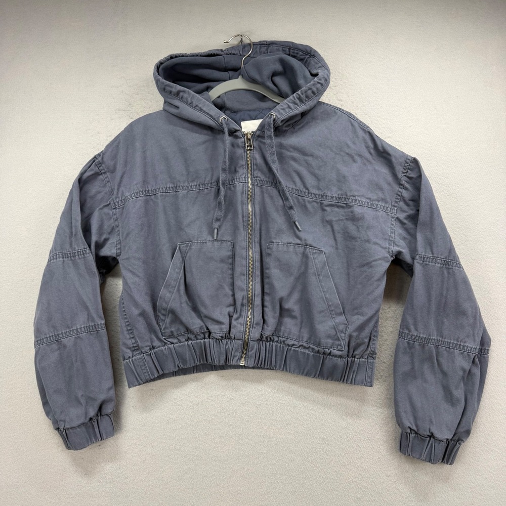 Aeropostale Cropped Bomber Jacket Womens M Blue Gray Canvas Hooded Quilted Liner